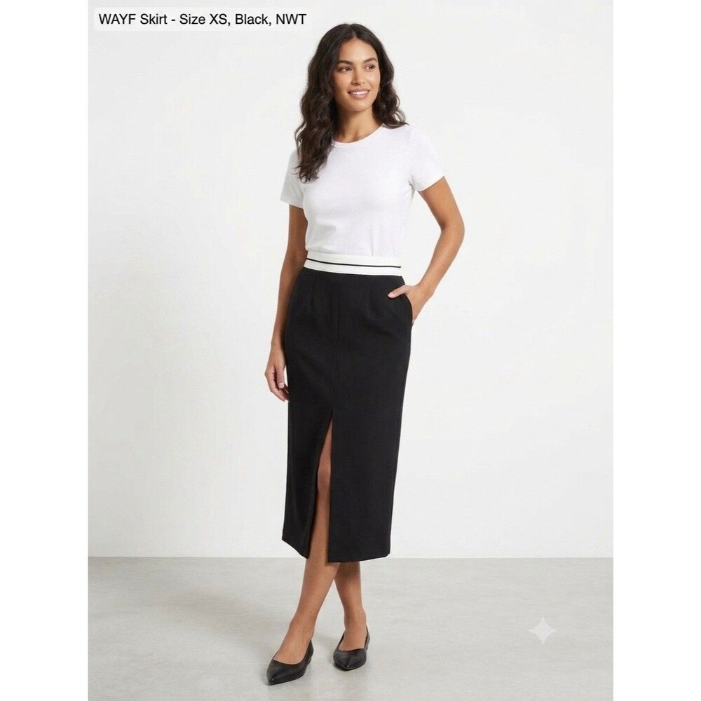 NWT Women’s Black Pencil Skirt With White Waist Band Sz XS By W.A.Y.F. Classy